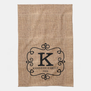 Linge De Cuisine Rustic Burlap Farmhouse Nom de famille Monogramme