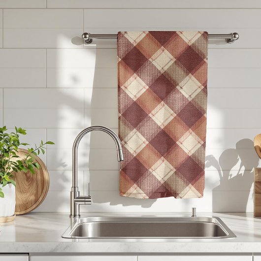 Linge De Cuisine Rustic Cream Orange Rust Red Plaid Pattern