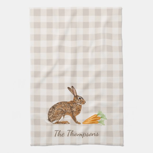Linge De Cuisine Rustic Hare And Carrots With Name Beige Gingham (Vertical)