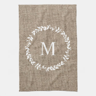 Linge De Cuisine Rustic Laurel Wreath Farmhouse Style Monogramme