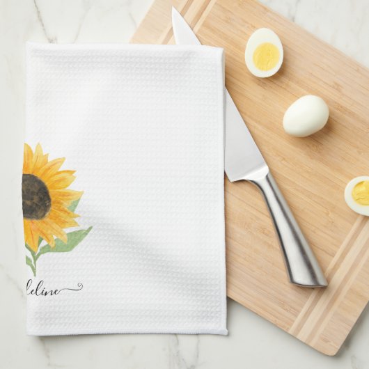 Linge De Cuisine Rustic Sunflower Personalized Name Script (Quart Plié)