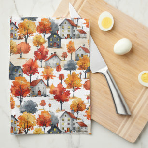 Linge De Cuisine Rustique Aquarelle bois Motif Village