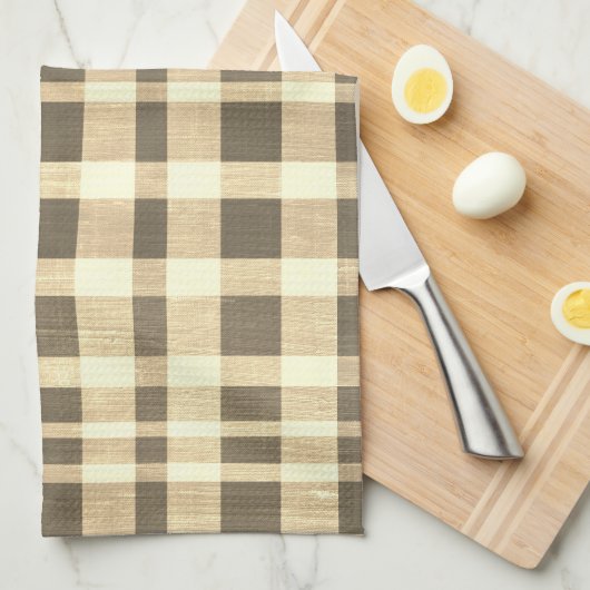 Linge De Cuisine Rustique Retro Beige Brown Texté Motif Plaid (Quart Plié)