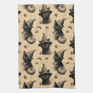Linge De Cuisine Rustique Vintage Chat Noir Sorcière Halloween Moti