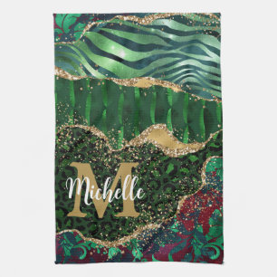 Linge De Cuisine Safari Animal Vert & Or Pailleté Agate Monogramme