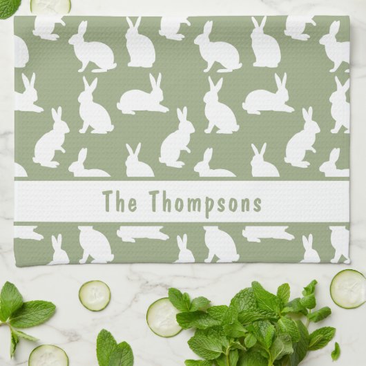 Linge De Cuisine Sage Green And White Bunny Pattern And Name Easter (Plié)
