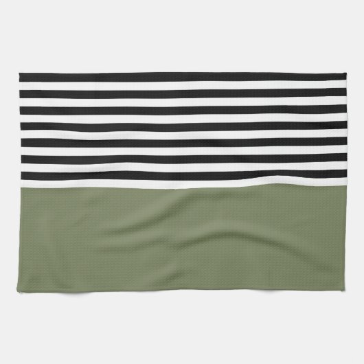 Linge De Cuisine Sage vert avec bandes noires et blanches (Horizontal)