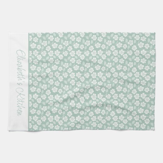 Linge De Cuisine Sage vert pastel clair fleurs boho blanches (Horizontal)