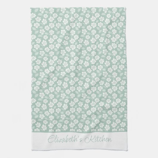 Linge De Cuisine Sage vert pastel clair fleurs boho blanches (Vertical)