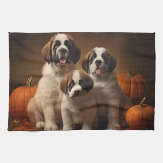 Linge De Cuisine Saint Bernard Puppy Automne Citrouille (Horizontal)