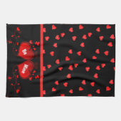 Linge De Cuisine Saint-Valentin Coeurs rouges sur Noir (Horizontal)