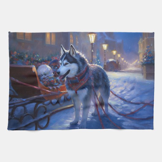 Linge De Cuisine Saison de Noël Sibérienne Husky (Horizontal)