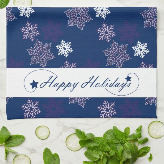 Linge De Cuisine Salutations de saison Snowflakes sur le bleu marin (Plié)