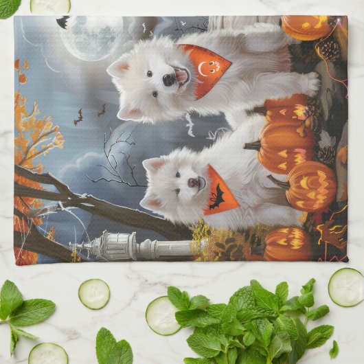 Linge De Cuisine Samoyed Halloween Éffrayant (Plié)