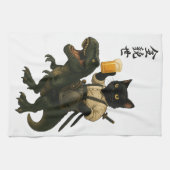 Linge De Cuisine Samurai Cat with Beer & T-Rex | Retro Japanese Art (Horizontal)