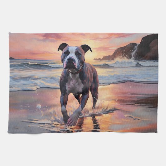 Linge De Cuisine Sandy American Staffordshire Dog on Beach Sunset (Horizontal)