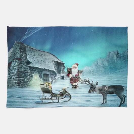 Linge De Cuisine Santa and Rudolph with Sled (Horizontal)