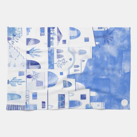 Linge De Cuisine Santorin Grec Ile Aquarelle Townscape (Horizontal)