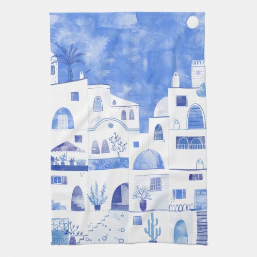 Linge De Cuisine Santorin Grec Ile Aquarelle Townscape (Vertical)
