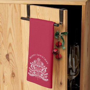 Linge De Cuisine Sapin de Noël scandinave blanc sur rouge