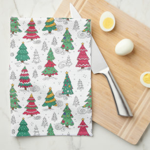 Linge De Cuisine Sapins de Noël Décorés Quirky Whimsiques Gribouill