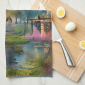 Linge De Cuisine Saule au coucher du soleil près de l'étang (Quart Plié)