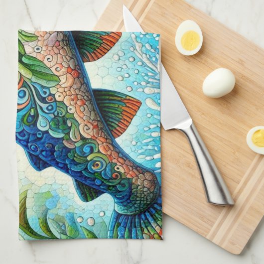 Linge De Cuisine Saumon Saut Mosaïque Floral Blue Green Peach (Quart Plié)