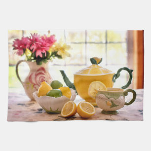 Linge De Cuisine Savoureux Thé Fleurs Roses Et Boisson De Citron