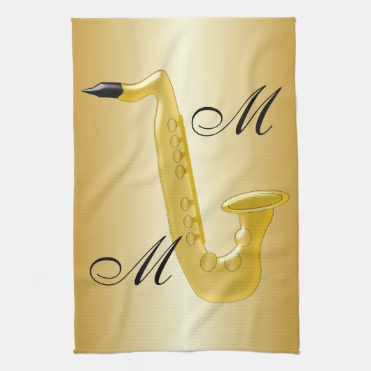 Linge De Cuisine Saxophone Monogrammé de Couleur Or (Vertical)