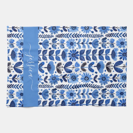 Linge De Cuisine Scandi nom de script floral bleu (Horizontal)