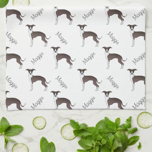 Linge De Cuisine Sceau Et Blanc Italien Greyhound Motif Et Nom (Plié)