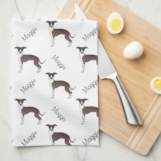 Linge De Cuisine Sceau Et Blanc Italien Greyhound Motif Et Nom (Quart Plié)