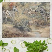 Linge De Cuisine Scène botanique de zèbres et lions dans une oasis (Plié)