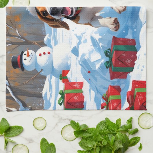 Linge De Cuisine Scène de fête de Noël beagle (Plié)