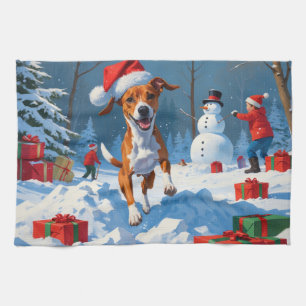 Linge De Cuisine Scène de neige festive de Noël avec un Basenji