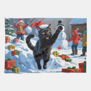 Linge De Cuisine Scène de neige festive de Noël Black Cat