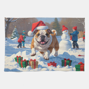 Linge De Cuisine Scène de neige festive de Noël Bulldog