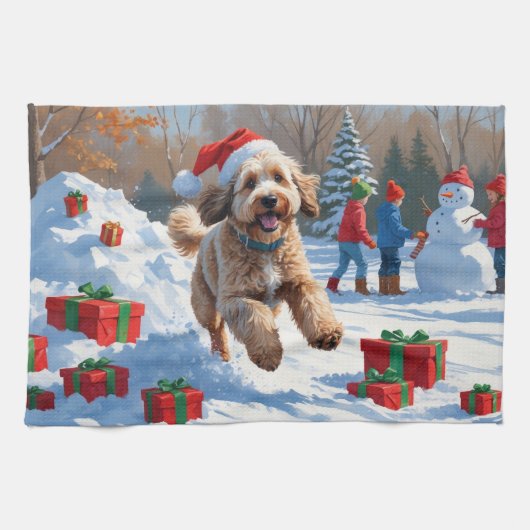 Linge De Cuisine Scène de Noël enneigée avec un Bernedoodle (Horizontal)