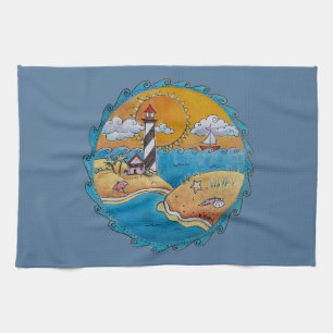 Linge De Cuisine Scène de plage de phare fantaisiste, art folkloriq