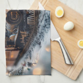 Linge De Cuisine Scène de train de Noël magique avec ours en peluch (Quart Plié)