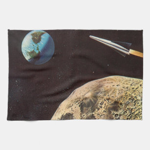 Linge De Cuisine Science-fiction vintage, vaisseau spatial au-dessu