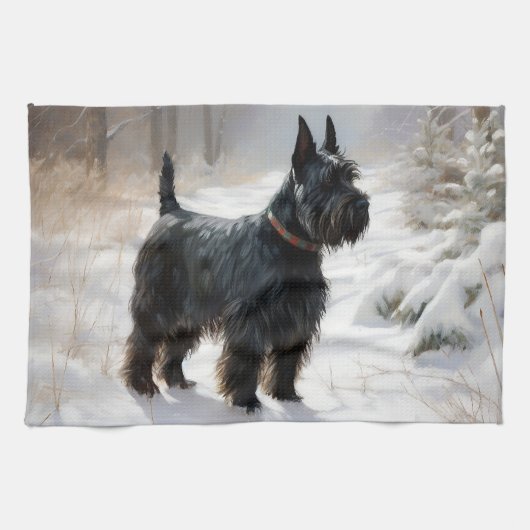 Linge De Cuisine Scottish Terrier Laisser Il Neige Noël (Horizontal)