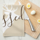 Linge De Cuisine Script Bienheureux Rustique Blanc Cerf Silhouette (Quart Plié)