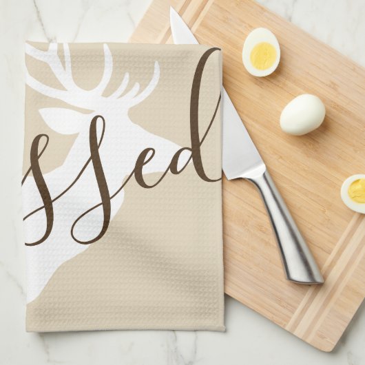 Linge De Cuisine Script Bienheureux Rustique Blanc Cerf Silhouette (Quart Plié)