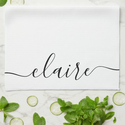 Linge De Cuisine Script de calligraphie noir et blanc Nom personnal (Plié)
