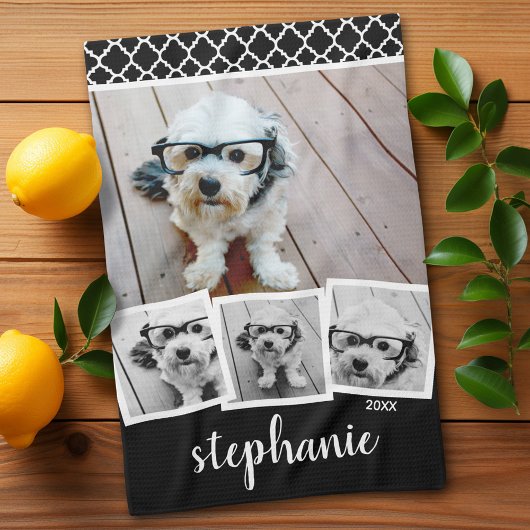 Linge De Cuisine Script de collage de 4 photos tendance Nom Blanc N