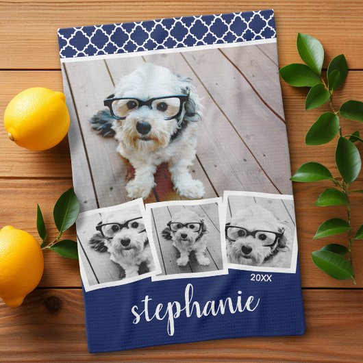 Linge De Cuisine Script de collage photo tendance 4 Nom Blanc Bleu