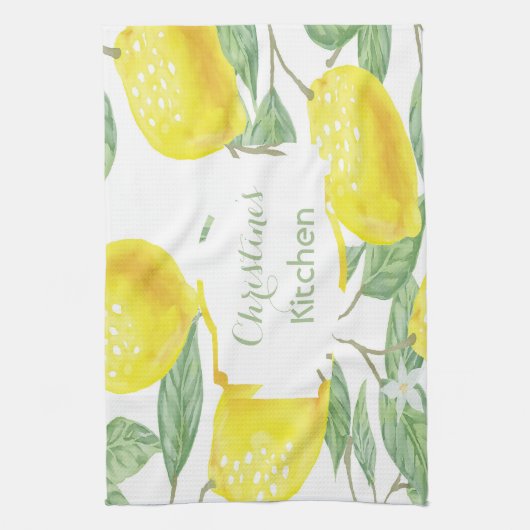 Linge De Cuisine Script de nom vert blanc citron (Vertical)