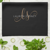Linge De Cuisine Script féminin Black Gold moderne Monogramme (Plié)