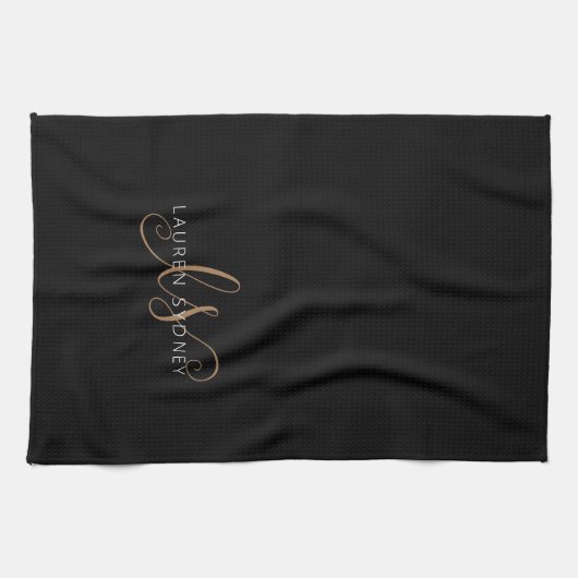 Linge De Cuisine Script féminin Black Gold moderne Monogramme (Horizontal)